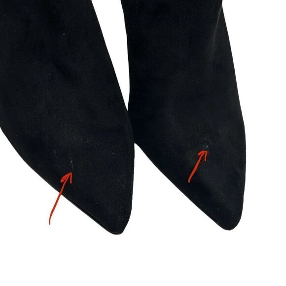 Express Black Faux Suede Ankle Booties Heeled Boots Gemstone Top Pointed Toe - Picture 9 of 9